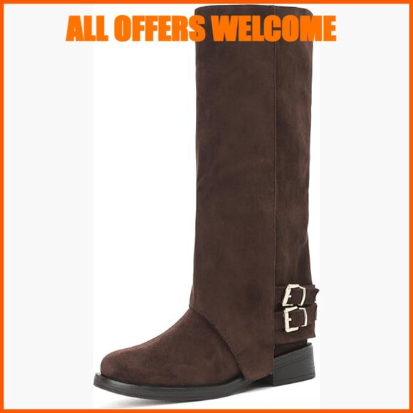 Fold Over Knee High Boots Faux Suede Flat Heel Zip Closure